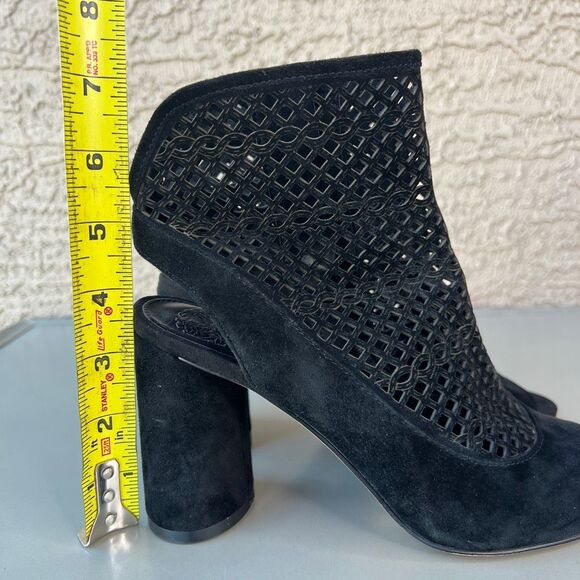 Vince Camuto Gerby Heeled Bootie Womens Size 7 Open Toe Perforated Black Suede - Picture 12 of 13